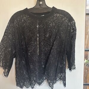 Jonathan Simkhai black cropped sheer lace tee in size L with scallop hem